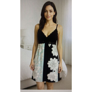 Soma Lingerie Sleepwear Chemise Slip Gown small aqua Black Lace Trim Wireless